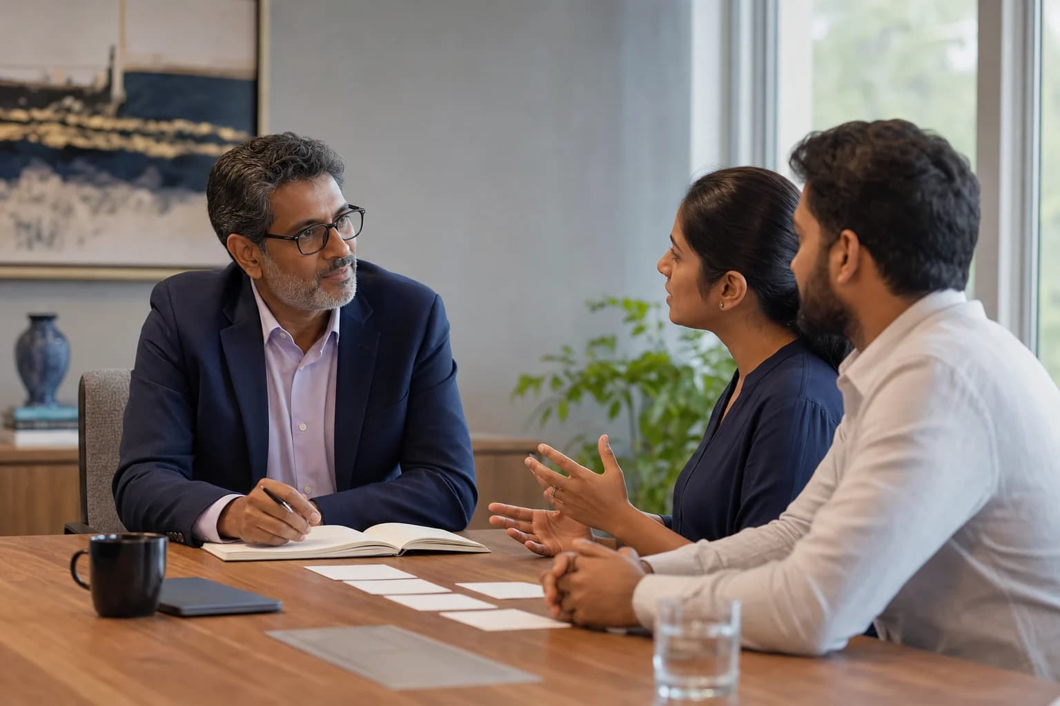 Senior ERP business analyst listening to a founder and operations manager during a first consultation