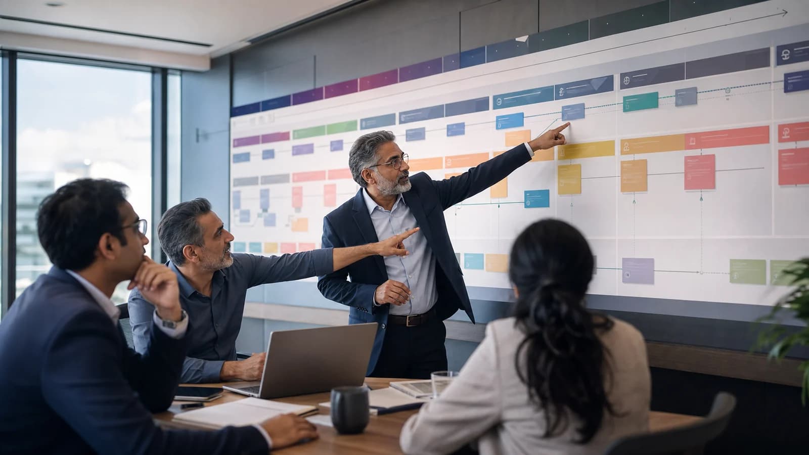 ERP program lead reviewing an implementation roadmap with a client steering team
