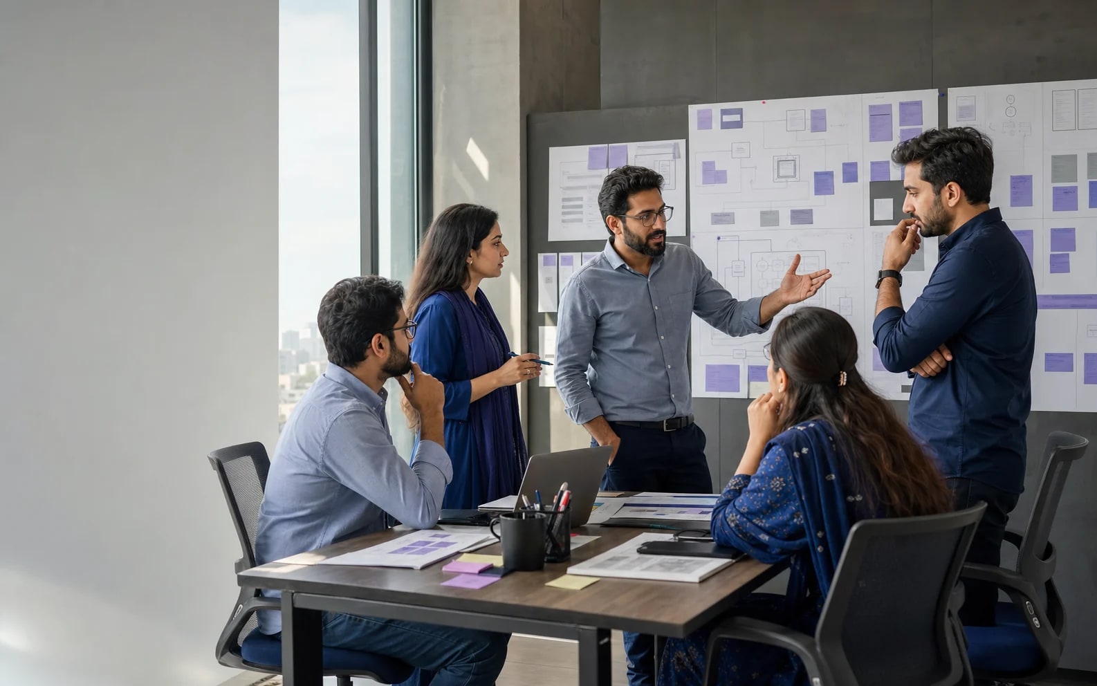 ERP consulting team reviewing a solution design together in a project room