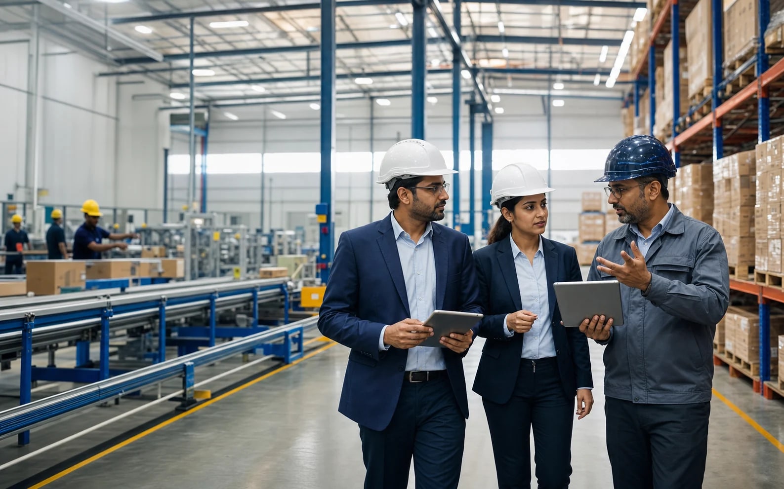 ERP business analysts walking a manufacturing and warehouse operation with the plant manager