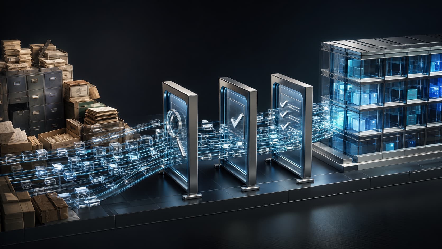 Legacy business records moving through validation gates into a structured modern ERP repository
