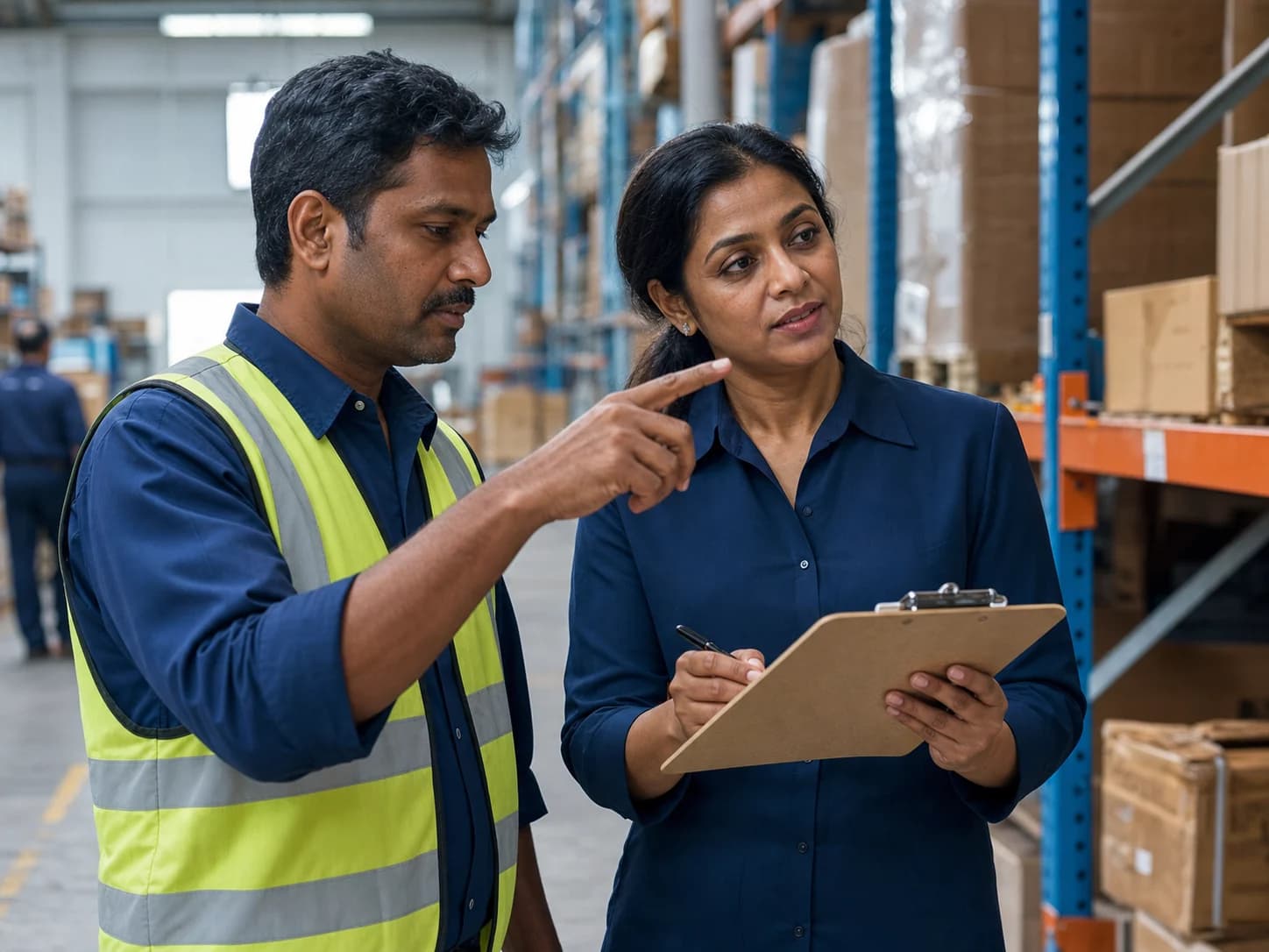ERP functional consultant interviewing a warehouse supervisor on the warehouse floor