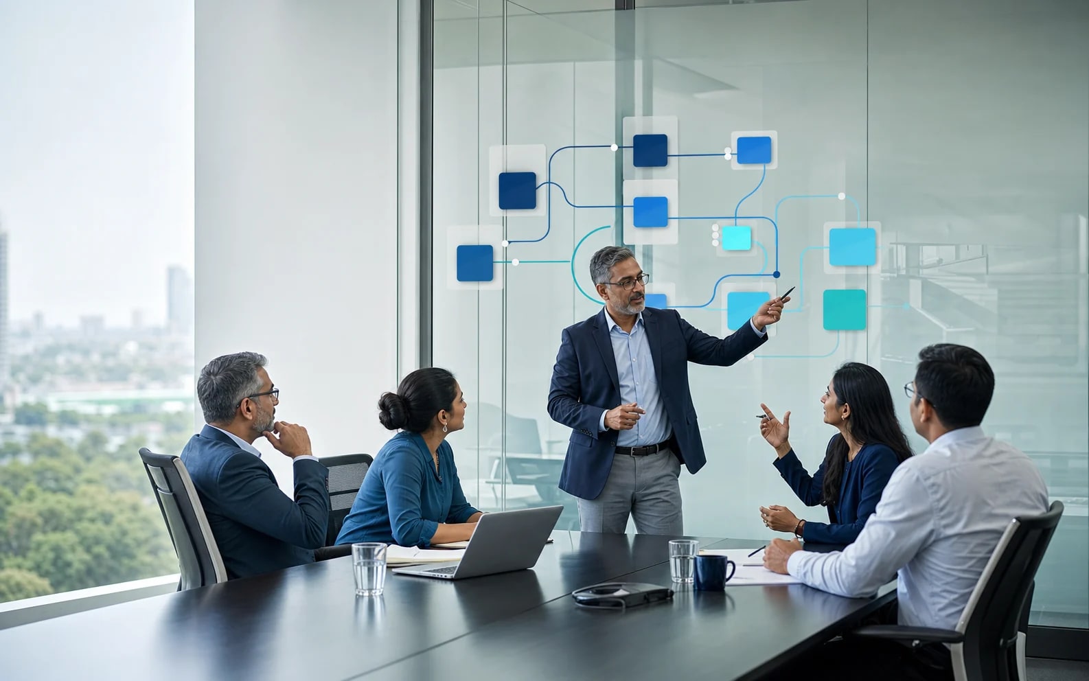 Senior ERP business analyst presenting an integrated operating model to business leaders